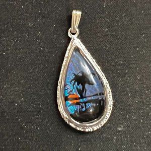 Vintage Butterfly Wing Sun Palm Tree Scenery Tear Drop Pendant